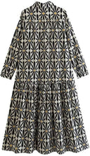 Load image into Gallery viewer, Black and White Print Long Sleeves Midi Dress