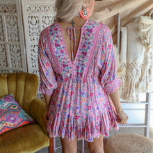 Load image into Gallery viewer, Boho Pink Deep V-neck Floral Mini Dress