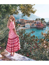 Load image into Gallery viewer, Boho Blue Floral Print Short Sleeve Maxi Dress