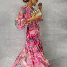 Load image into Gallery viewer, Pink Printed Long Sleeve Maxi Chiffon Dress