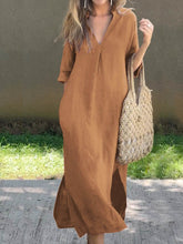Load image into Gallery viewer, Classic V-neck Split Side Pockets Linen Midi Dress