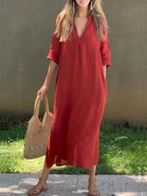 Load image into Gallery viewer, Classic V-neck Split Side Pockets Linen Midi Dress