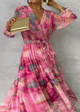 Load image into Gallery viewer, Pink Printed Long Sleeve Maxi Chiffon Dress
