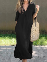 Load image into Gallery viewer, Classic V-neck Split Side Pockets Linen Midi Dress
