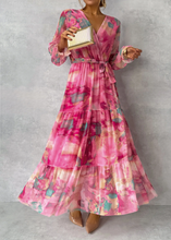 Load image into Gallery viewer, Pink Printed Long Sleeve Maxi Chiffon Dress
