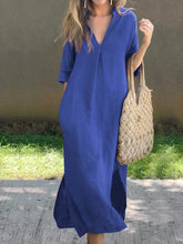 Load image into Gallery viewer, Classic V-neck Split Side Pockets Linen Midi Dress