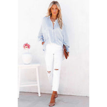 Load image into Gallery viewer, Blue Smocked Cuffed Striped Boyfriend Shirt With Pocket