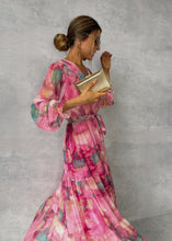 Load image into Gallery viewer, Pink Printed Long Sleeve Maxi Chiffon Dress