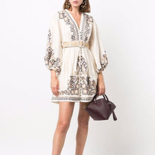Load image into Gallery viewer, Beige Print V-neck Long Sleeve Mini Dress