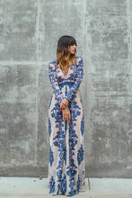 Load image into Gallery viewer, Embroidery Lace Sheer Long Sleeve Deep V Neck Boho Bohemian Beach Dress Gown