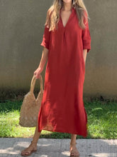 Load image into Gallery viewer, Classic V-neck Split Side Pockets Linen Midi Dress
