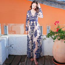 Load image into Gallery viewer, Embroidery Lace Sheer Long Sleeve Deep V Neck Boho Bohemian Beach Dress Gown