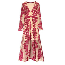 Load image into Gallery viewer, Embroidery Lace Sheer Long Sleeve Deep V Neck Boho Bohemian Beach Dress Gown