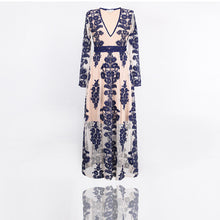 Load image into Gallery viewer, Embroidery Lace Sheer Long Sleeve Deep V Neck Boho Bohemian Beach Dress Gown