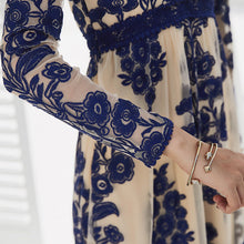 Load image into Gallery viewer, Embroidery Lace Sheer Long Sleeve Deep V Neck Boho Bohemian Beach Dress Gown