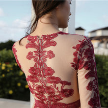 Load image into Gallery viewer, Embroidery Lace Sheer Long Sleeve Deep V Neck Boho Bohemian Beach Dress Gown