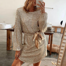 Load image into Gallery viewer, Gold Sequins Long Sleeve Mini Dress