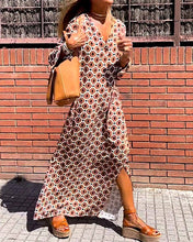 Load image into Gallery viewer, Brown Geometric Print Long Sleeve Maxi Dress