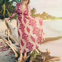 Load image into Gallery viewer, Embroidery Lace Sheer Long Sleeve Deep V Neck Boho Bohemian Beach Dress Gown