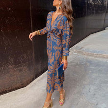 Load image into Gallery viewer, Classic Deep V-neck Print Long Sleeve Midi Dress
