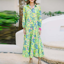 Load image into Gallery viewer, Green Print Long Sleeve Button Down Midi Dress