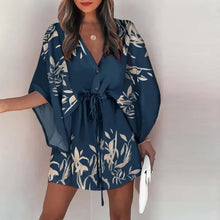 Load image into Gallery viewer, Casual Print V Neck Drawstring Waist Mini Dress