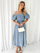 Load image into Gallery viewer, Off-Shoulder Balloon Sleeve Denim Dress