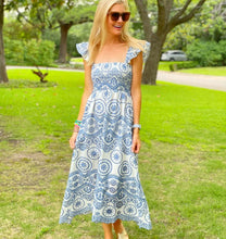 Load image into Gallery viewer, Blue Embroidery Hollow Out Midi Dress