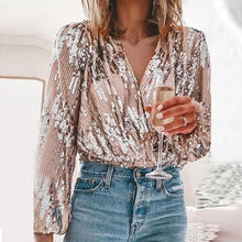Load image into Gallery viewer, Wrap Sequin Decor Lantern Sleeve Top