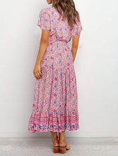 Load image into Gallery viewer, Pink Floral Print Cotton Short Sleeve Flowy Midi Dress