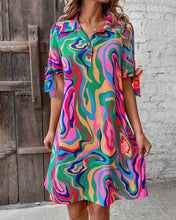 Load image into Gallery viewer, Multicolor Print Short Sleeve Button Down Shirt Dress