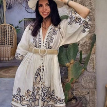 Load image into Gallery viewer, Beige Print V-neck Long Sleeve Mini Dress