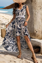 Load image into Gallery viewer, High-Low Printed V-Neck Cap Sleeve Midi Dress