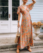 Load image into Gallery viewer, Vintage Boho Orange Floral Print Maxi Wrap Dress