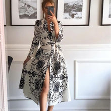 Load image into Gallery viewer, White Print Long Sleeve Button Down Midi Dress