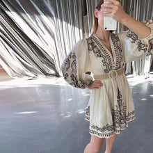 Load image into Gallery viewer, Beige Print V-neck Long Sleeve Mini Dress