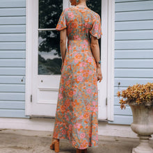 Load image into Gallery viewer, Vintage Boho Orange Floral Print Maxi Wrap Dress