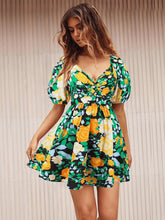 Load image into Gallery viewer, Floral Puff Sleeve Hollow Out Waist Mini Dress