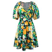 Load image into Gallery viewer, Floral Puff Sleeve Hollow Out Waist Mini Dress