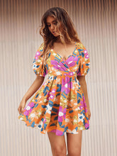 Load image into Gallery viewer, Floral Puff Sleeve Hollow Out Waist Mini Dress