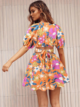 Load image into Gallery viewer, Floral Puff Sleeve Hollow Out Waist Mini Dress