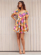 Load image into Gallery viewer, Floral Puff Sleeve Hollow Out Waist Mini Dress