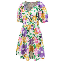 Load image into Gallery viewer, Floral Puff Sleeve Hollow Out Waist Mini Dress