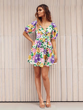 Load image into Gallery viewer, Floral Puff Sleeve Hollow Out Waist Mini Dress