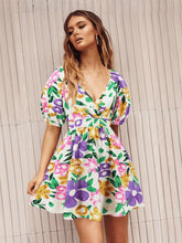 Load image into Gallery viewer, Floral Puff Sleeve Hollow Out Waist Mini Dress