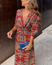 Load image into Gallery viewer, Classic Deep V-neck Print Long Sleeve Midi Dress