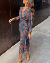 Load image into Gallery viewer, Classic Deep V-neck Print Long Sleeve Midi Dress