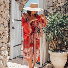 Load image into Gallery viewer, Red Boho Loose Print Kimono Cover up