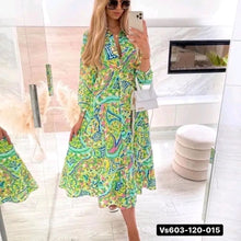 Load image into Gallery viewer, Green Print Long Sleeve Button Down Midi Dress