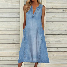 Load image into Gallery viewer, Notched Sleeveless Pockets Midi Denim Dress